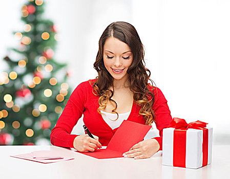圣诞节,圣诞,白天,庆贺,概念,微笑,女人,红色,衣服,礼盒,明信片