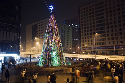 中国,北京,圣诞树装饰,人,跳舞,基督教堂