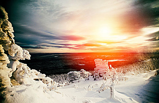 冬季风景,日落,俄罗斯