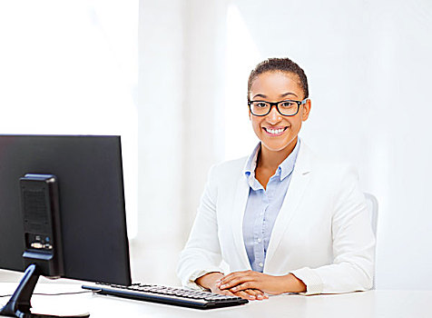 商务,互联网,概念,微笑,非洲,职业女性,电脑,办公室