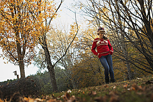 秋叶,树,农场,女孩,红色,编织,温暖,格子图案,羊毛帽