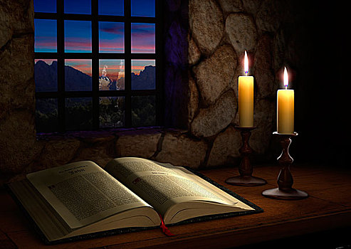 翻开,圣经,光亮,两个,蜡烛,正面,窗,黄昏