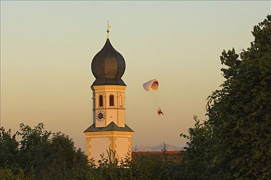 滑翔伞,教堂,尖顶,上巴伐利亚,巴伐利亚,德国