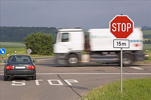 卡车,停车标志,汽车,停止