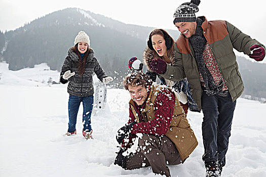 玩耍,朋友,享受,打雪仗,地點
