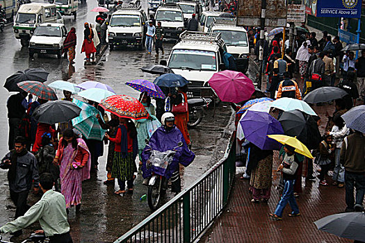 人,等待,抓住,运输,家,第一,下雨,晚间,季节,加德满都,尼泊尔,雨,环境,改变
