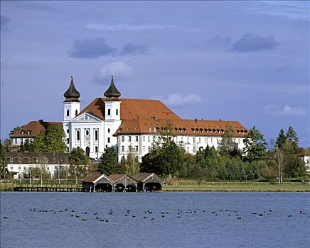 教堂,湖,科赫尔湖,船库,上巴伐利亚,德国