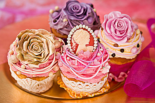 庆贺,杯形蛋糕,装饰,黄油乳,糖,玫瑰,吊坠