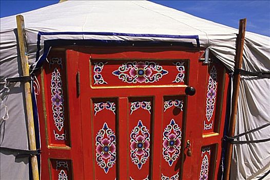 蒙古,传统,游牧,家,特写,漂亮,红色,木门
