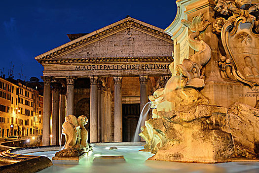 万神殿,夜晚,喷泉,一个,古老,罗马,建筑,意大利