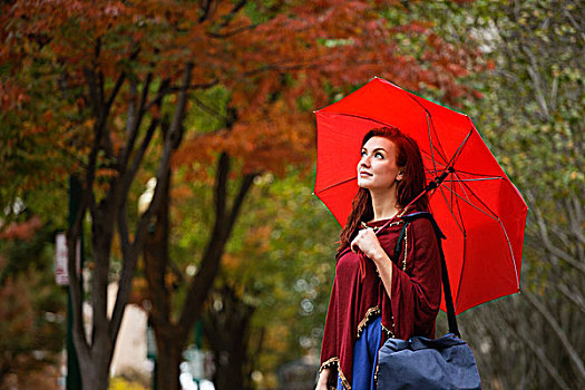 美女,红发,拿着,红色,伞