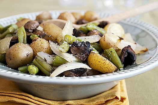 烤,蔬菜,土豆,蘑菇,洋葱,豆,巴尔马干酪