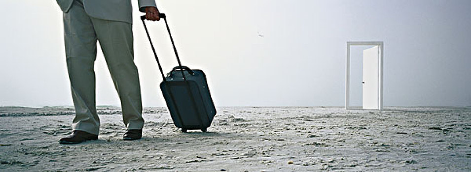 男人,走,滚轴行李箱,海滩,敞门,远景