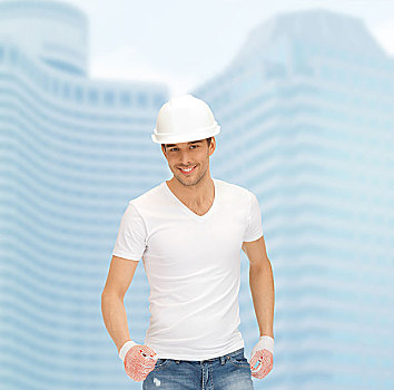 建筑,概念,英俊,施工人员,白色,头盔
