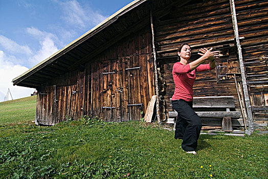 女人,40多岁,吃,正面,木质,小屋,瑞士,阿尔卑斯山,欧洲