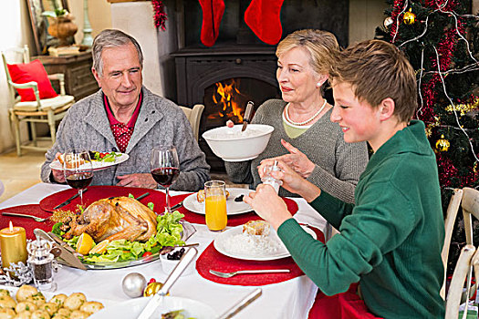 微笑,大家庭,圣诞晚餐,桌子