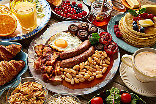 早餐,自助餐,满,英国,咖啡,橙汁,沙拉,牛角面包,水果