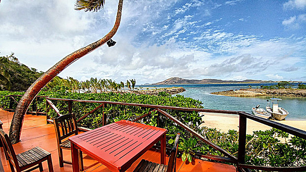 红色,桌子,椅子,平台,白色背景,沙滩,两个,船,海中,斐济