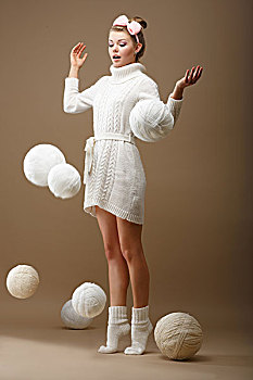 落下,吃惊,女人,毛织品,编织,针织衫,白色,球,纱线