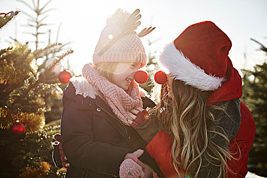 女孩,母亲,圣诞树,树林,戴着,红色,鼻子