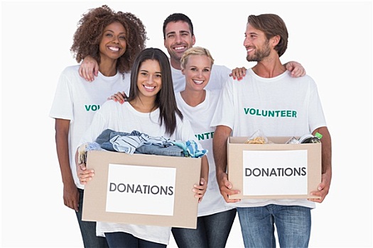 高兴,群体,志愿者,拿着,衣服,捐赠,盒子,白色背景,背景