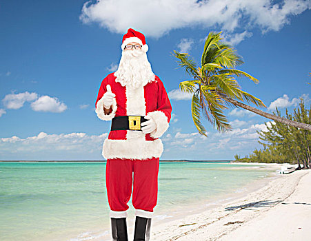 圣诞节,休假,手势,旅行,人,男人,服饰,圣诞老人,展示,竖大拇指,上方,热带沙滩,背景
