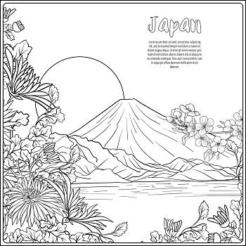 日本,风景,富士山,传统,花,鸟,轮廓,拖动,上色,书页,上色画册,成年