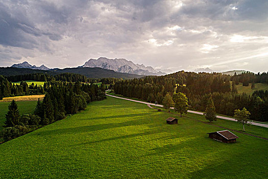 航拍,拜恩州,山谷,靠近,加米施帕藤基兴,巴伐利亚阿尔卑斯山,德国
