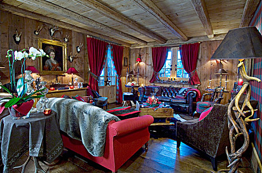 舒适,客厅,红色,木房子