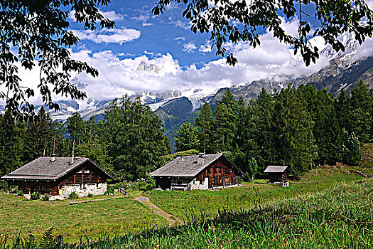 法国,阿尔卑斯山,上萨瓦省,木制屋舍,勃朗峰,山,山脉,背景