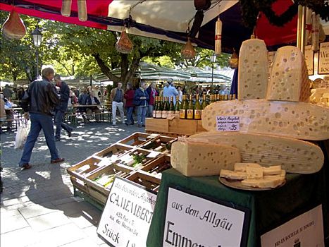 奶酪,葡萄酒,货摊,维克托阿灵广场集市,慕尼黑,巴伐利亚,德国