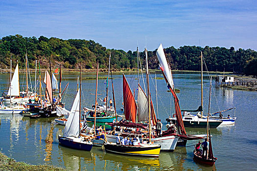 帆船,等待,锁,打开,河,布列塔尼半岛,法国