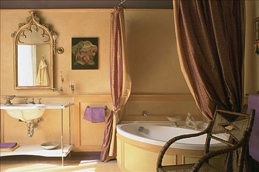 浴室,浴缸,帘,水槽,镜子,墙壁