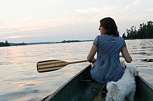 后视图,女人,划艇,小狗,湖,木头,安大略省,加拿大