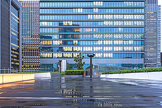 木头,湿,地面,正面,现代办公室,建筑,黎明,东京