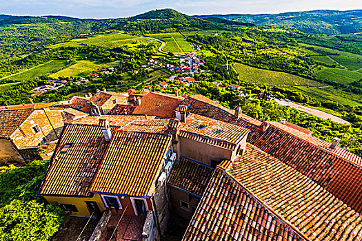粘土,瓷砖,屋顶,俯视,农田,中世纪,城镇,伊斯特利亚,克罗地亚