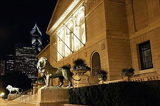 雕塑,狮子,正面,建筑,芝加哥艺术学院,芝加哥,伊利诺斯,美国