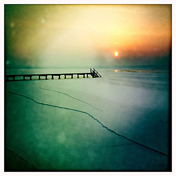 桥,冬天,湖,落日