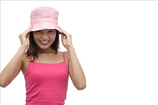 女青年,戴着,粉色,帽子,看镜头,微笑