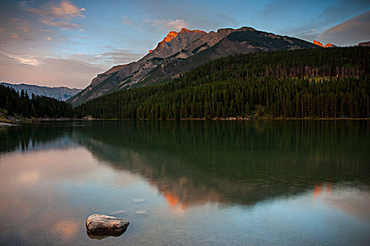 风景,湖,山,加拿大,落矶山,日落