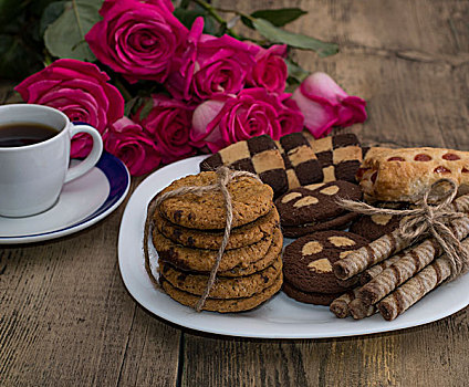 咖啡,花,粉色,不同,饼干,盘子