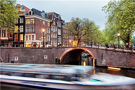运河,桥,船,旅游,阿姆斯特丹,晚间