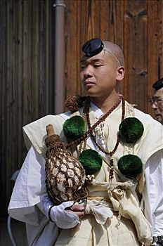 海螺壳,吹筒,穿,传统头饰,衣服,庙宇,靠近,京都,日本,亚洲