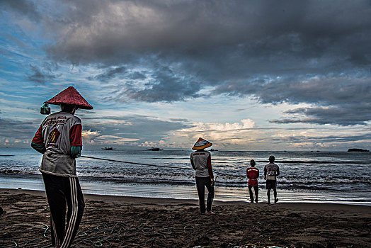 印尼,大海,傍晚,沙滩,渔民