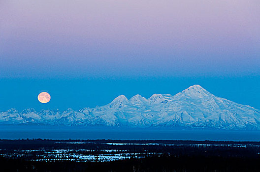 满月,上方,山,风景,肯奈半岛,阿拉斯加,冬天
