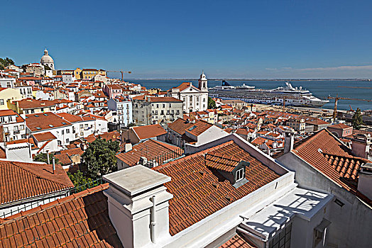 风景,上方,屋顶,城市风光,背影,游船,里斯本,葡萄牙,欧洲