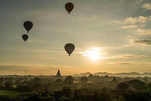 热气球,日出,上方,庙宇,塔,蒲甘,曼德勒,缅甸,亚洲