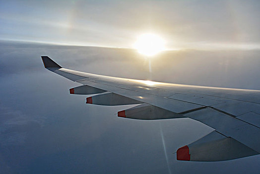 特写,翼,飞机,空中客车,a380,飞行,俯视,印度尼西亚,太阳光环,现象