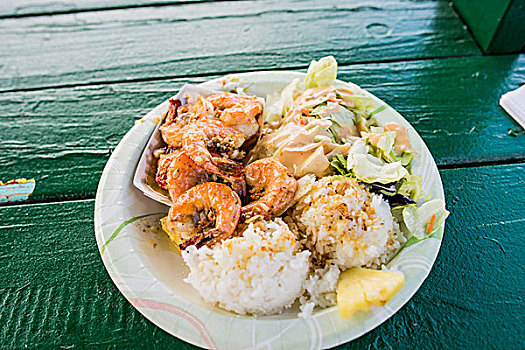 盘子,蒜蓉虾,米饭,门廊,夏威夷,美国