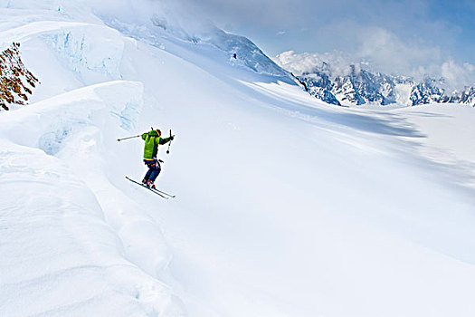 滑雪者,跳跃,缝隙,粉末,冰河,冬天,阿拉斯加